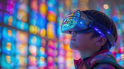 A boy wearing a virtual reality headset is immersed in a colorful digital world, showcasing the excitement of modern technology.
