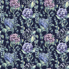 Hydrangea flowers of blue, lilac and pink flowers with eucalyptus branches on a dark background. Watercolor illustration. Seamless pattern from the WEDDING FLOWERS collection. For decoration design