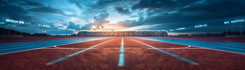 Empty sports stadium with a running track under the night sky