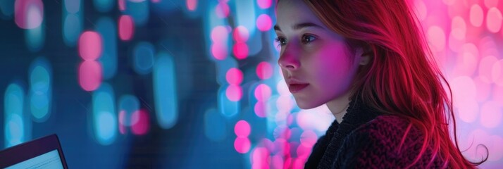 Cyber Security Lock. Businesswoman Using Laptop for Privacy Protection and Network Safety