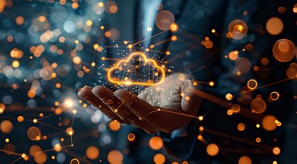 Hand holding a holographic cloud icon with network connections, representing cloud computing, data storage, and technology integration, ideal for illustrating digital transformation, cloud services, 