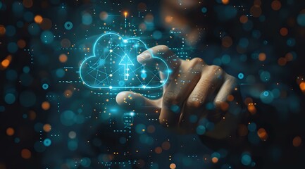 Hand interacting with a holographic cloud upload icon, representing cloud computing, data storage, and technology integration, perfect for illustrating digital transformation, data management