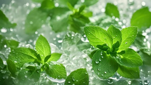 Vibrant fresh green leaves splashing with water droplets
