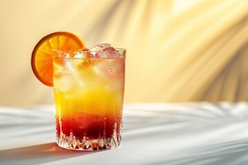 Elegant summer drink with gradient red to yellow cocktail and orange slice