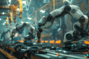 Fototapeta premium A high-tech factory with robots on an assembly line, manufacturing car body parts efficiently.