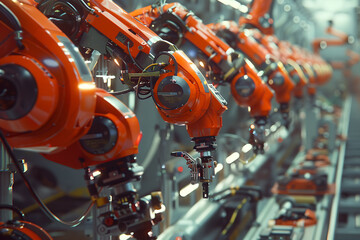 A high-tech factory with robots on an assembly line, manufacturing car body parts efficiently.
