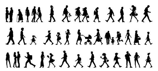 Vector illustration. Large set of black silhouettes of people. People are walking.
