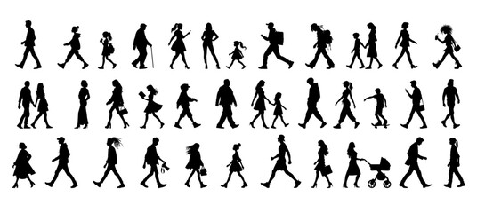 Vector illustration. Large set of black silhouettes of people. People are walking.