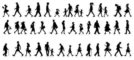 Vector illustration. Large set of black silhouettes of people. People are walking.