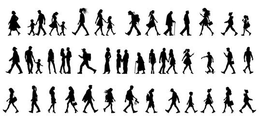 Vector illustration. Large set of black silhouettes of people. People are walking.