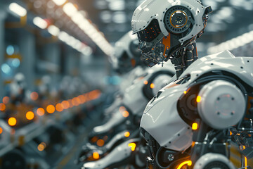 Fototapeta premium A high-tech factory with robots on an assembly line, manufacturing car body parts efficiently.