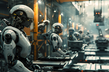 Fototapeta premium A high-tech factory with robots on an assembly line, manufacturing car body parts efficiently.