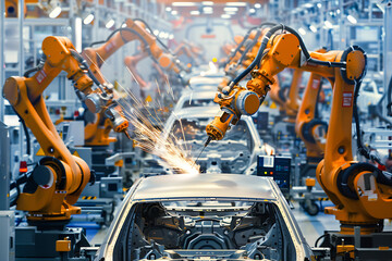 A high-tech factory with robots on an assembly line, manufacturing car body parts efficiently.