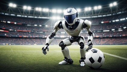 robot cute player soccer on the stadium