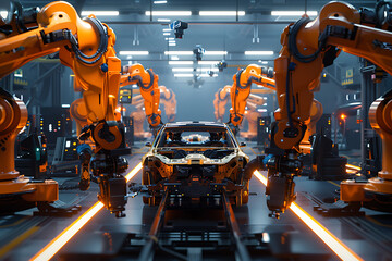 A high-tech factory with robots on an assembly line, manufacturing car body parts efficiently.
