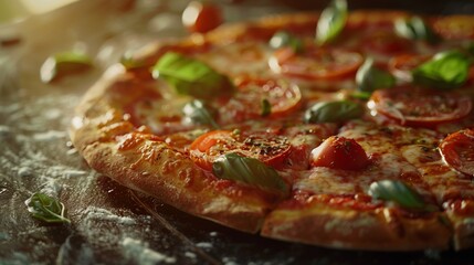 Close-up of a traditional Italian pizza on a table with a bokeh background