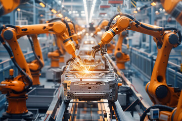 A high-tech factory with robots on an assembly line, manufacturing car body parts efficiently.