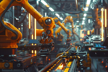 Fototapeta premium A high-tech factory with robots on an assembly line, manufacturing car body parts efficiently.