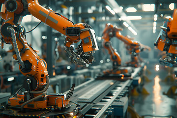 A high-tech factory with robots on an assembly line, manufacturing car body parts efficiently.