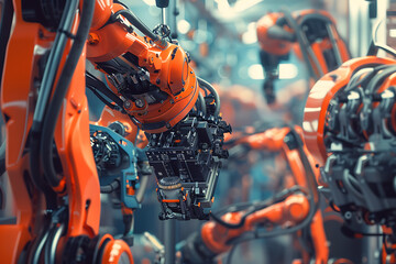 A high-tech factory with robots on an assembly line, manufacturing car body parts efficiently.