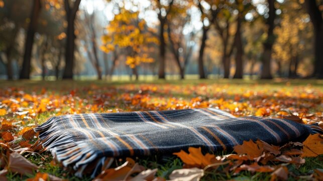 A plaid blanket spread on the ground amidst fallen autumn leaves in a park, capturing a cozy and inviting fall setting.