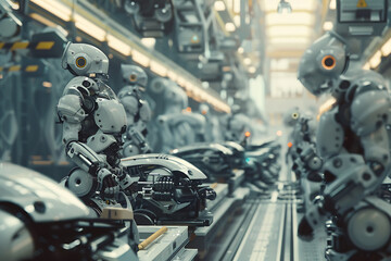 Fototapeta premium A high-tech factory with robots on an assembly line, manufacturing car body parts efficiently.