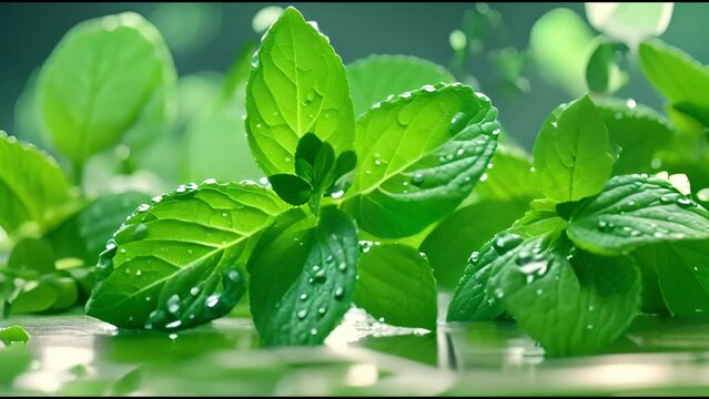 Nature's fresh green leaves splashing with water