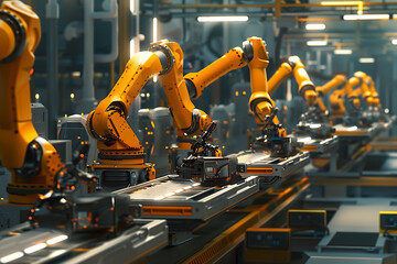 A high-tech factory with robots on an assembly line, manufacturing car body parts efficiently.