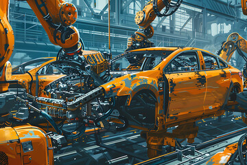 A high-tech factory with robots on an assembly line, manufacturing car body parts efficiently.