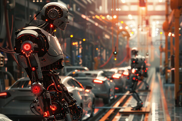 Fototapeta premium A high-tech factory with robots on an assembly line, manufacturing car body parts efficiently.