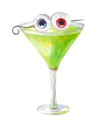 Hand-Painted Watercolor Illustration of a Creepy Halloween Cocktail With Eyeball Decoration. Glass goblet with  Alcohol. Party decor