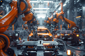 A high-tech factory with robots on an assembly line, manufacturing car body parts efficiently.