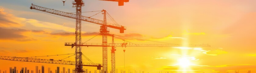 Construction site with cranes silhouetted against a vibrant sunset, capturing the dynamic energy of urban development.