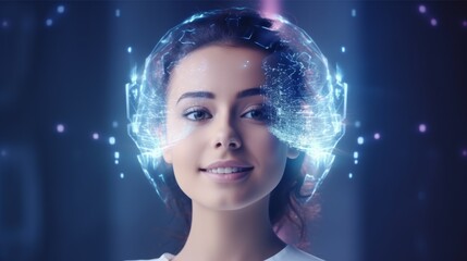 AI woman with half of her face as a hologram is smiling, background is space, fantasy, realistic