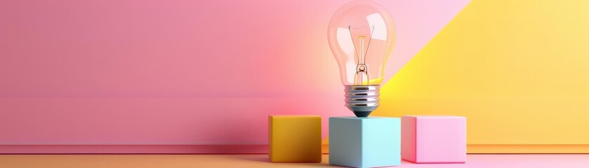 Creative concept image of a light bulb placed on colorful blocks against a pink and yellow background, symbolizing innovative ideas and inspiration.