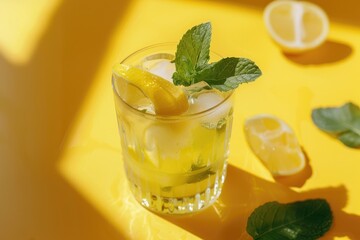 Delicious citrus drink with fresh mint on a bright yellow surface