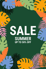 Summer Sale banner design. Tropical leaves background vector, monstera leaves. Special offer. vector