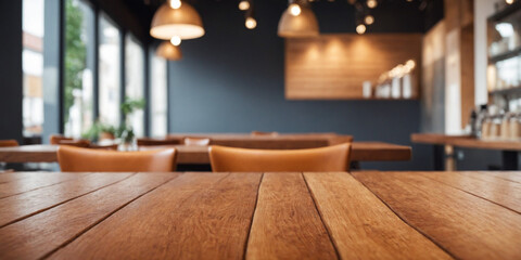 Empty wooden table for product placement or montage with focus on the tabletop. Perfect for cafe or restaurant decor. Mock-up for product presentation backdrop, display, mock-up with copy space.