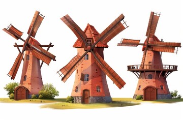 Obraz premium Windmill mill icon, rural countryside mill symbol, 3d realistic wind mill building emblem on white