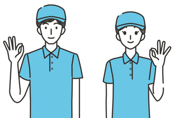 オッケーポーズの宅配ドライバーの男性と女性