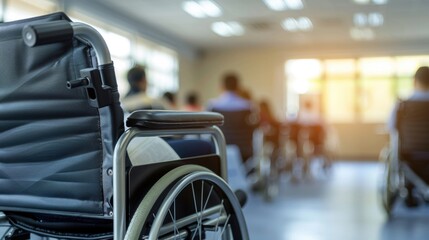 An empty wheelchair in a medical facility with a soft, sunlit background, symbolizing care and mobility support.