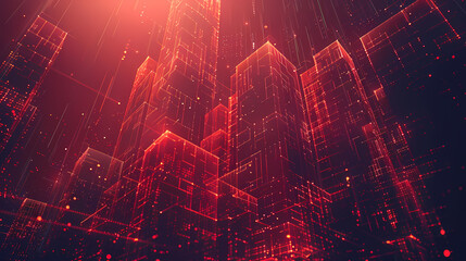 Naklejka premium Futuristic digital cityscape with glowing red grid-like structures and abstract data lines.