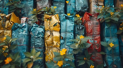 Naklejka premium Vibrant Autumn Leaves and Flowers Against Gritty Graffiti-Covered Urban Wall