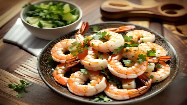 Garlic Butter shrimp prawn sea food cooked and served on a plate 4k