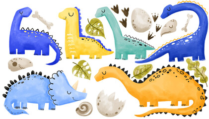 Set of colored dinosaurs. Cartoon hand drawn watercolor dino, t rex illustration on isolated background. Funny childish design for printing and stickers © Ilona