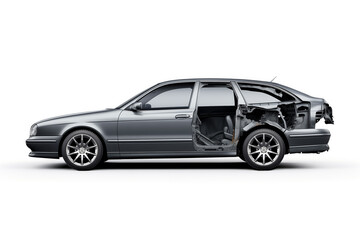 Damaged car isolated on white background. Crashed car after accident. Insurance, repair service for wrecked cars
