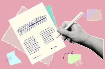 Policy, tax form, list with the law. Signing the document. Filling out a contract, report. A woman's hand writes with a pen on a paper page. Business agreement in halftone style. Contemporary collage 