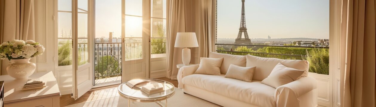 Elegant living room with a view of the Eiffel Tower at sunset, featuring a cozy white sofa, chic decor, and large windows for natural light.