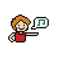Obraz premium Cute pixel cartoon 8bit character man exercises training dance lifestyle music decoration life style 8 bit male boy dance with music game fitness isolated vector.