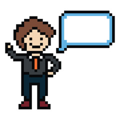 Fototapeta premium Cute pixel cartoon 8bit character business man businessman smart chat box vector for decoration business 8 bit male career smart character game vector.
